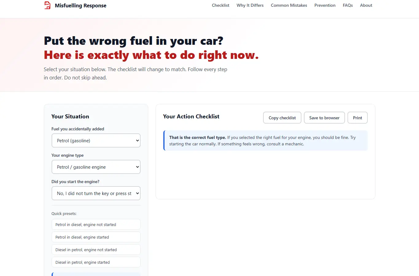Screenshot of Misfuelling Response Checklist interface showing the project page in use
